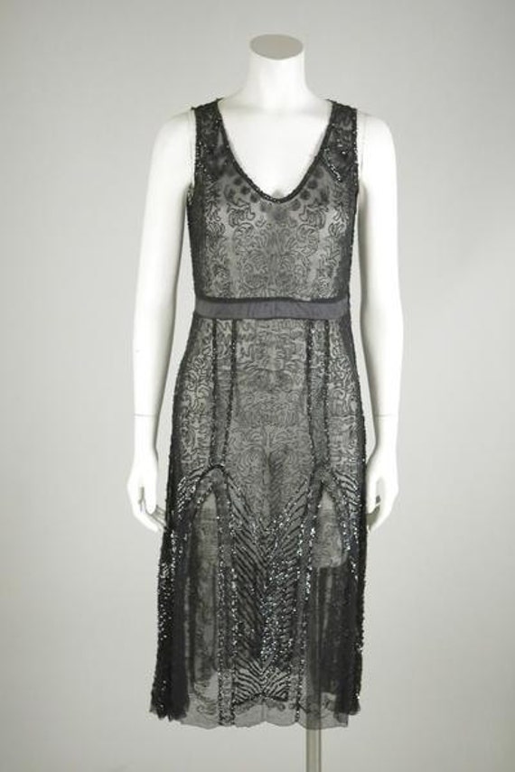 Sheer Deco-Inspired Black Beaded Dress