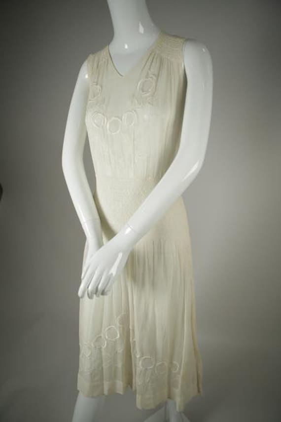 1920s Embroidered Deco Cotton Voile Dress