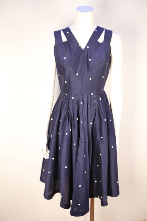 Vintage 1940's navy polka dot swing dress in exce… - image 1