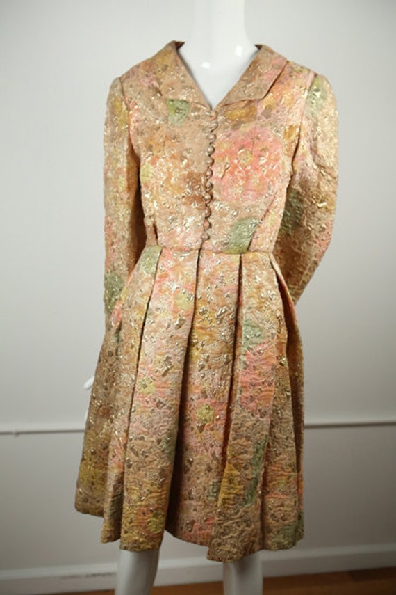1960s Silk Multi-Colored Jacquard Button Up Dress
