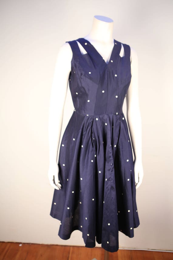 Vintage 1940's navy polka dot swing dress in exce… - image 8