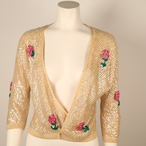 1960s Cream Beaded Sweater with Rosette Accents