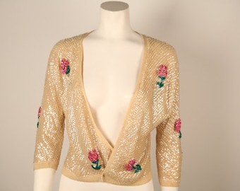 crème van de 1960s Beaded trui met rozet accenten