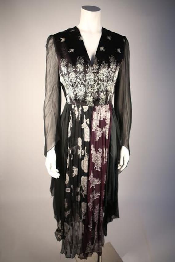 Designer 1970s Floral Jacquard Dress