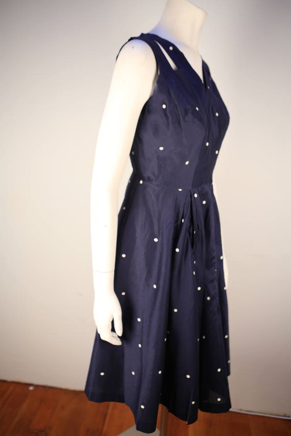 Vintage 1940's navy polka dot swing dress in exce… - image 7