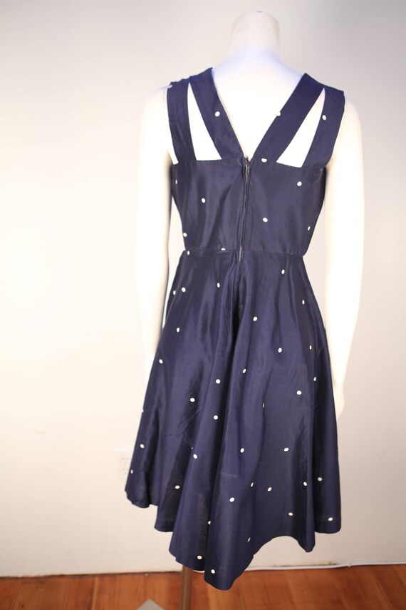 Vintage 1940's navy polka dot swing dress in exce… - image 5