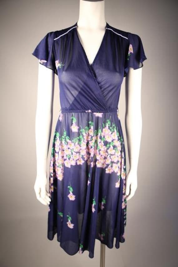 1970s Navy Floral Print Dress