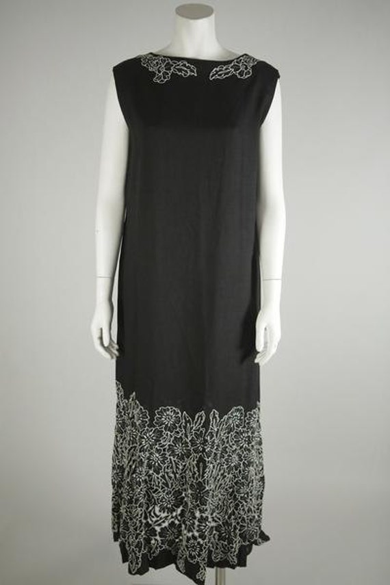 1930s Black Linen Dress with Hand Embroidery