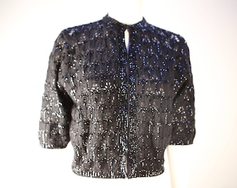 Black hand crochet cropped vintage sweater cardigan with sequins from 1950's in cashmere blends