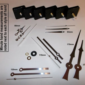 May include: A set of clock hands in various sizes and styles. The hands are made of metal and have a silver finish. The measurements of each hand are labelled in millimetres. Minute hand measurements are noted next to each style of hand.