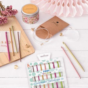 Könnte beinhalten: Ein Set mit sechs bunten, austauschbaren tunesischen Häkelnadeln in einer weißen Box mit den Worten "Pony Colour" und "Interchangeable Tunisian Hook Set".