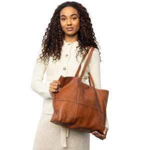 Può includere: Una grande borsa tote in pelle marrone con forma rettangolare e design a pannelli cuciti. La borsa ha due lunghe tracolle ed è tenuta da una persona. Lo sfondo è bianco.