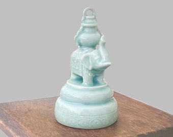 Celadon Green Ceramic Elephant Figurine - Chinese Elephant Bell Figurine - Vintage Chinese Celadon Figurine Elephant