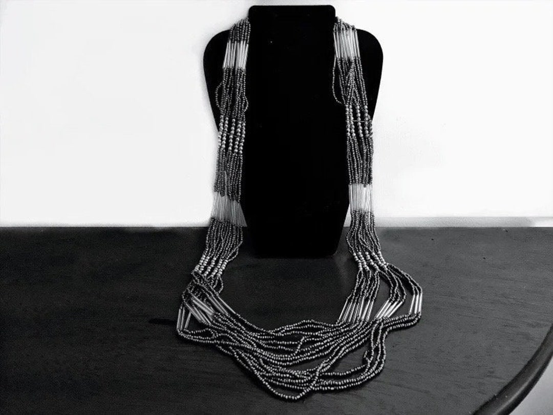 Extra Long Multi Strand Necklace Vintage Chunky Silver Bead Etsy
