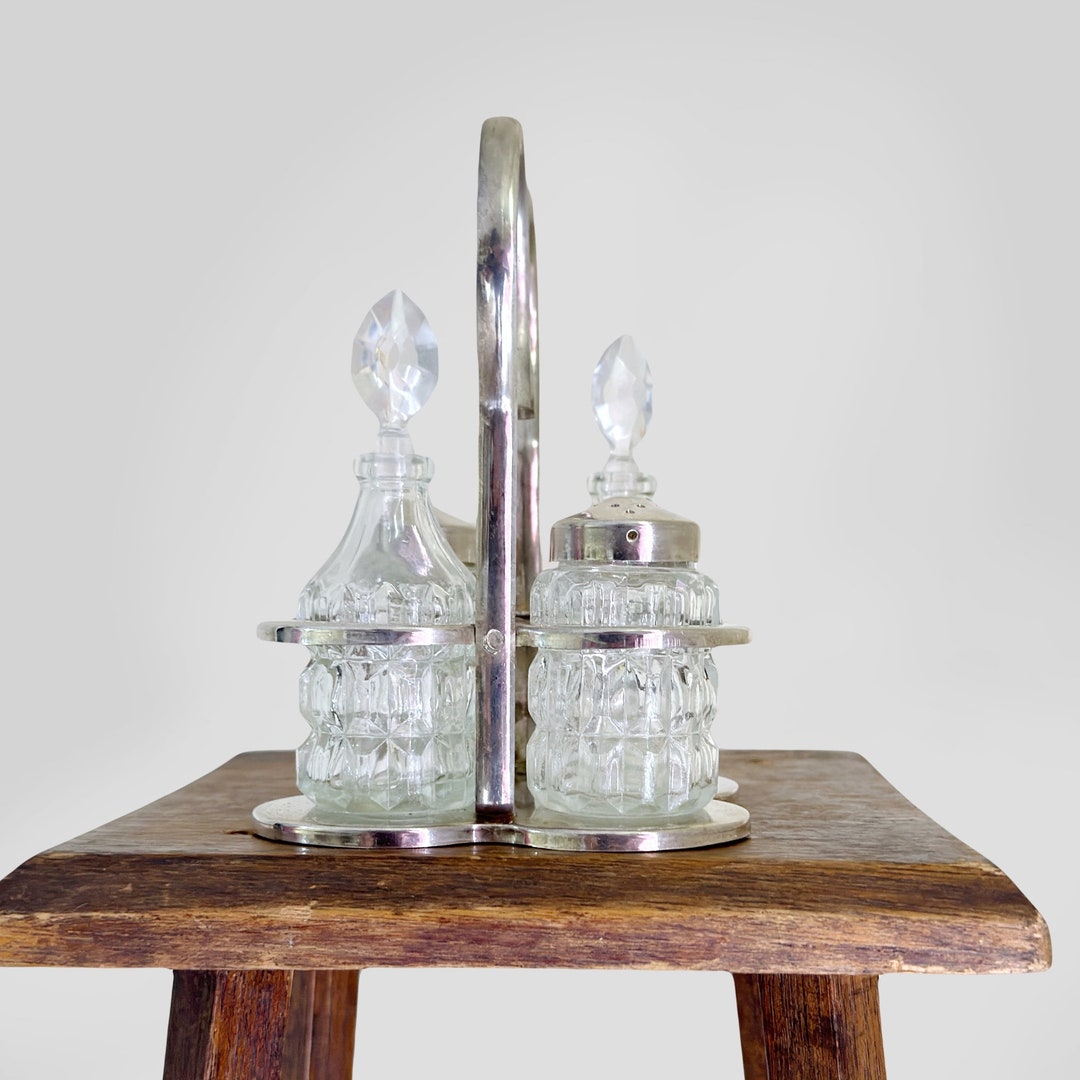 Pressed Glass Cruet Set With Stand Vintage Four Piece Condiment Caddy