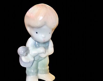 Vintage Farm Boy Figurine - Signed Blue and White Glazed Porcelain - Vintage Porcelain Figurine