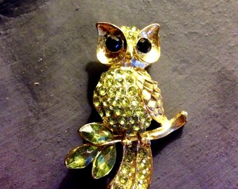 Vintage Rhinestone Owl Brooch - Gold Tone Owl Vintage Costume Brooch with Green Rhinestone - Bird Brooch,