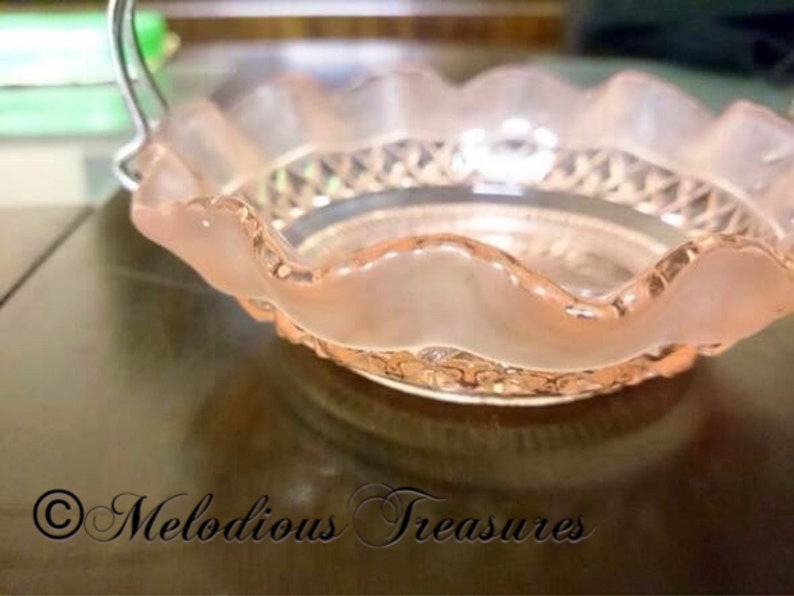 Pink Frosted Glass Candy Dish With Handle Vintage Cut Glass Candy Dish