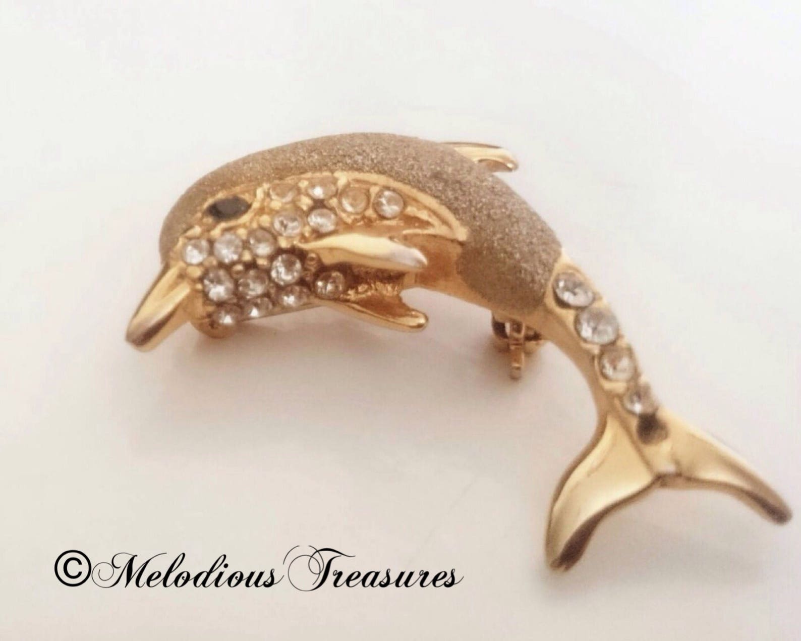 Gold Rhinestone Dolphin Brooch Aquatic Vintage Jewelry Etsy