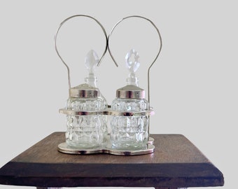 Vintage Glass Cruet Set with Stand - Vintage Four Piece Condiment Caddy - Oil and Vinegar Cruet Bottles and Salt n Pepper shaker Set