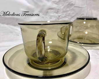 Set of 6 ACOROC FRANCE Smoked km Glass Cup and Plate -  Brown French Glass Teaware. -  Vintage Glass Teacups and Saucers