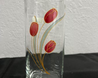 Vaso vintage de cristal turco pintado à mão / Crystal Clear Industries / Vaso floral com tulipas rosa / 20 cm de altura / Etiqueta original