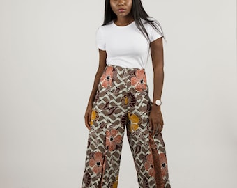 African Print Palazzo Pants, Brown Floral Ankara Trousers