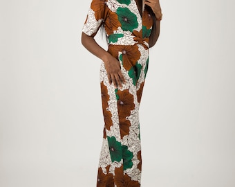 Abena Ankara Jumpsuit, African Print jumpsuit, Brown & Green Jumpsuit
