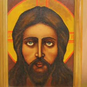 vintage jesus icon, antique old oil painting on wooden plank, wood plywood