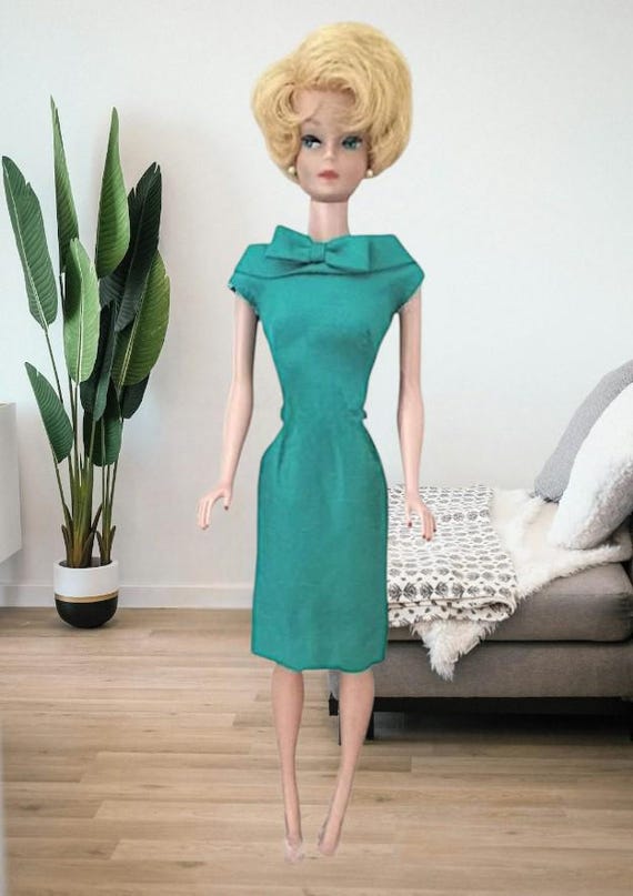 Vintage Barbie Green Shantung Silk Sheath Dress - Fashion Pak