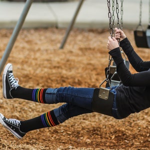 Adult and Youth Black Under the Knee Socks |  Rainbow Striped Tube Socks | Sport Socks | Pride Socks