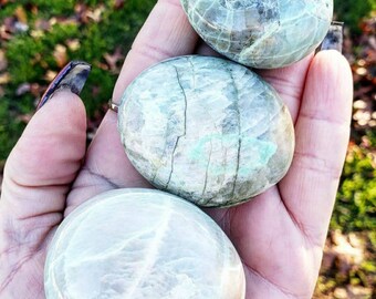May include: Three smooth, oval-shaped stones in varying shades of green and gray are held in a hand. The stones have a polished appearance with natural veining and patterns. The background shows green grass and fallen leaves.