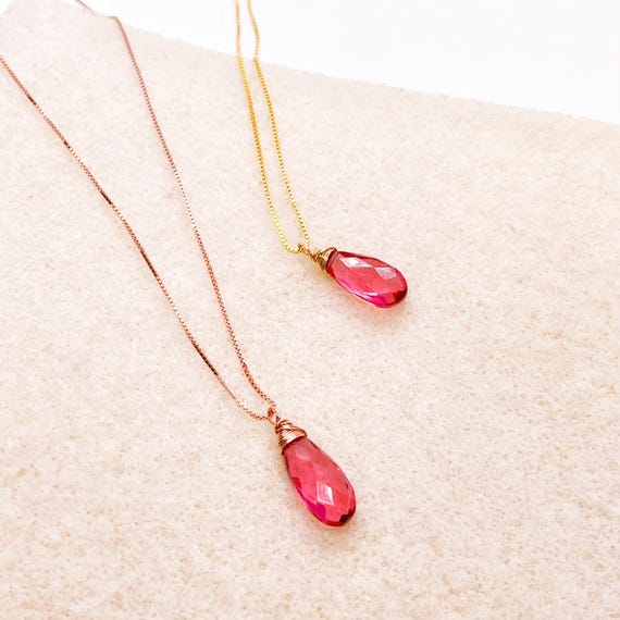 Rubylite Hydro Quartz Necklace, with Long Pear Shape Pendant & Sterling Silver Chain