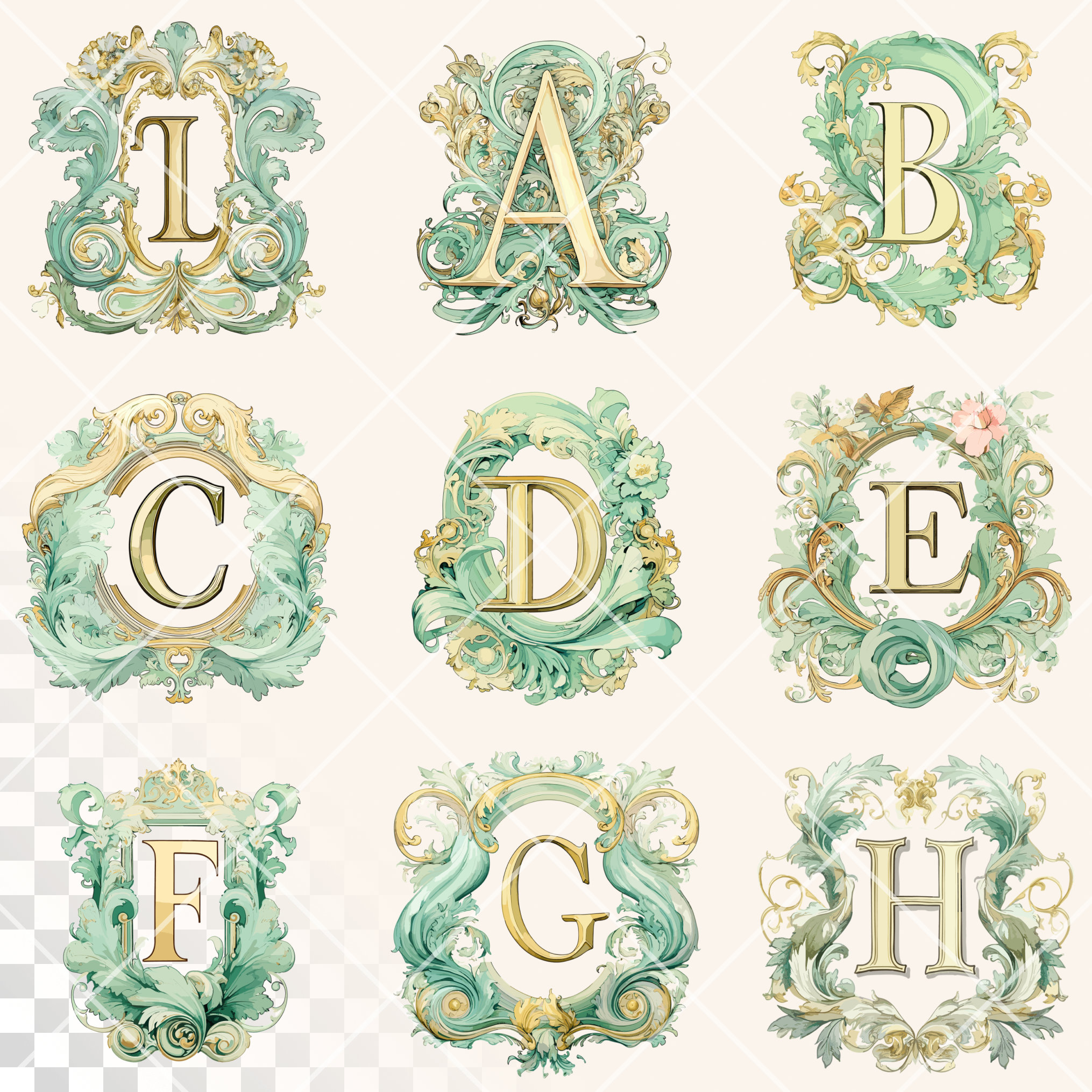 Letter Form Rococo Rococo Green Alphabet Bundle | Transparent PNG | Watercolor Easter ...