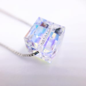 Swarovski Crystal Necklace, Crystal Cube Necklace, Minimalist Necklace, Sterling Silver, Layering Necklace, Bridesmaids Jewelry, Bday Gift