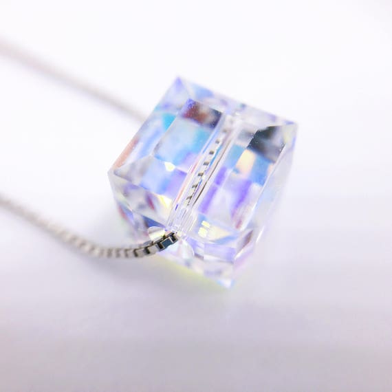 Swarovski Crystal Necklace, Crystal Cube Necklace, Minimalist Necklace, Sterling Silver, Layering Necklace, Bridesmaids Jewelry, Bday Gift
