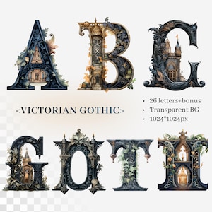 Può includere: Lettere dell'alfabeto gotico vittoriano A, B, C, G, O, T e H, con dettagli architettonici e floreali. Le lettere sono blu scuro e oro, con sfondo trasparente. L'immagine include anche il testo "Victorian Gothic", "26 letters+bonus", "Transparent BG" e "1024*1024px".