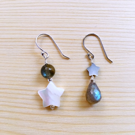 Blue Labradorite Earrings, mismatched earrings, Mother of Pearl, Sterling Silver Earrings, Star Earrings, celestial jewelry, Cute Earrings