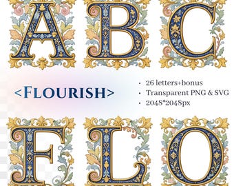 Flourish Alphabet | Medieval Illuminated Letters | Transparent PNG SVG | Easter Decorative Initials | Catholic Design Crafts | Botanical Art
