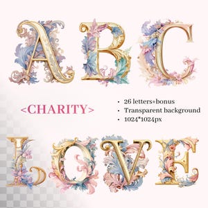 Op de afbeelding: Gouden letters A, B en C, en het woord LOVE, met bloemmotieven in pastelkleuren. De afbeelding bevat de tekst "CHARITY", "26 letters+bonus", "Transparent background" en "1024*1024px".