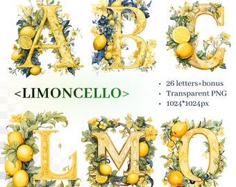 Limoncello Alphabet | Transparent PNG SVG | Summer Illuminated Letters | South Italy Clipart | Personalized Lettering | Commercial Use