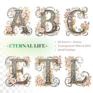 以下が含まれることがあります： 装飾的なアルファベット文字A、B、C、E、T、L。花柄と装飾的なデザインが特徴です。各文字は黒と金で、ピンクのバラと渦巻く銀色のアクセントで飾られています。「ETERNAL LIFE」の文字も表示されています。