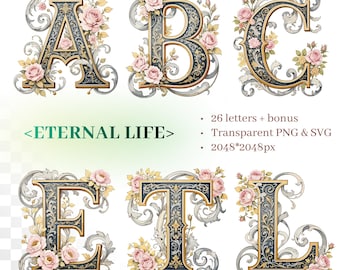 Eternal Life Alphabet | Memorial Illuminated Letters | Catholic Monogram Set | Sympathy Remembrance Initials | Transparent PNG SVG Download