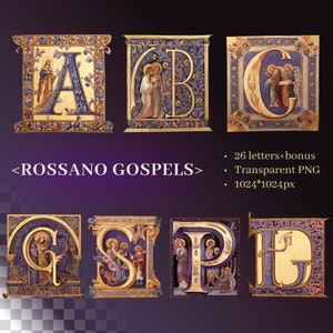 Alfabeto dos Evangelhos de Rossano | PNG SVG transparente | Letras medievais antigas | Manuscrito iluminado em pergaminho roxo | Uso comercial