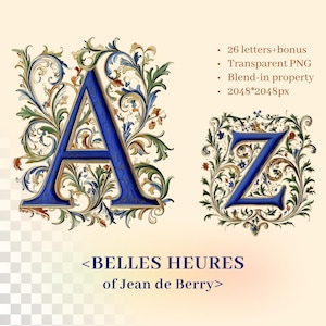 May include: A digital artwork showcasing the letters "A" and "Z" in a deep blue, embellished with detailed floral and foliate patterns in green, gold, and red. The text "<BELLES HEURES of Jean de Berry>" is positioned beneath the letters.