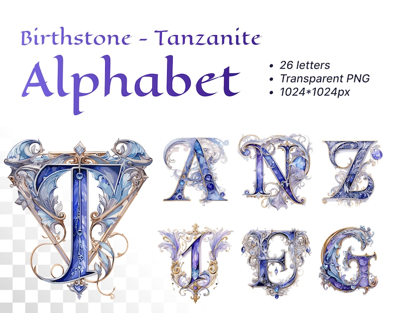 Tassium Letters Tanzanite Alphabet Transparent PNG SVG Illuminated Letters December ...
