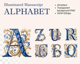 Lapis Blue Alphabet | Transparent PNG SVG Download | Illuminated Manuscript Letters | Antique Initial Clipart | Medieval Printable Decor