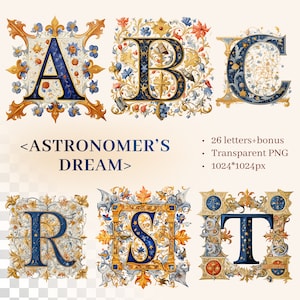 Alfabeto Estrela Celestial | PNG SVG Transparente | Letras Iluminadas | Manuscrito Astronômico | Iniciais Medievais Personalizadas | Uso Comercial