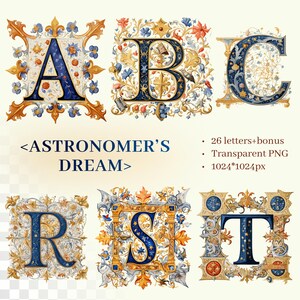 May include: Digital illustrations of ornate letters A, B, C, R, S, and T in a vintage style. Each letter is navy blue with gold and floral embellishments. The text "Astronomer's Dream" is also present.