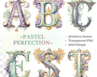 Pastel Perfection Alphabet | Easter Lettering | Transparent PNG SVG | Illuminated Letters | Baroque stucco Monogram Clipart | Commercial Use